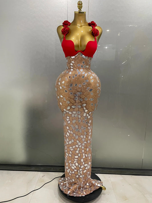 Sexy Sparkly Rhinestones Mesh Mirrors Red Roses Long Dress Women Elegant Evening Party Club Stage performance Costume Red