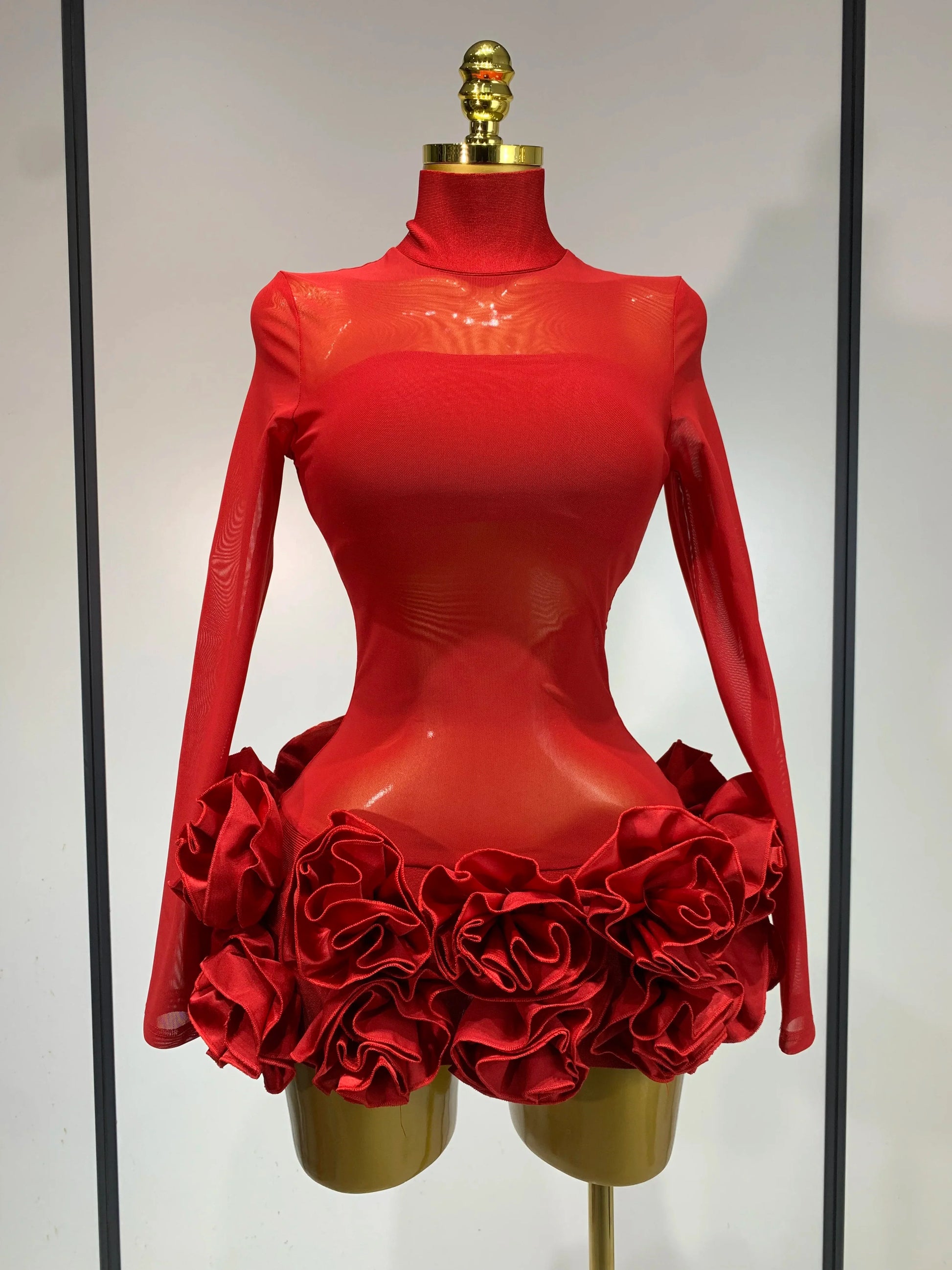 Women Sexy Mesh See through Stereoscopic Flowers White Red Mini Bandage Dress Birthday Evening Party Club Singer Perform Costume Red