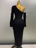 Sexy One Shoulder Key Hole Flower Maxi Long Bodycon Bandage Dress Women Knitted Elegant Evening Club Party Outfit