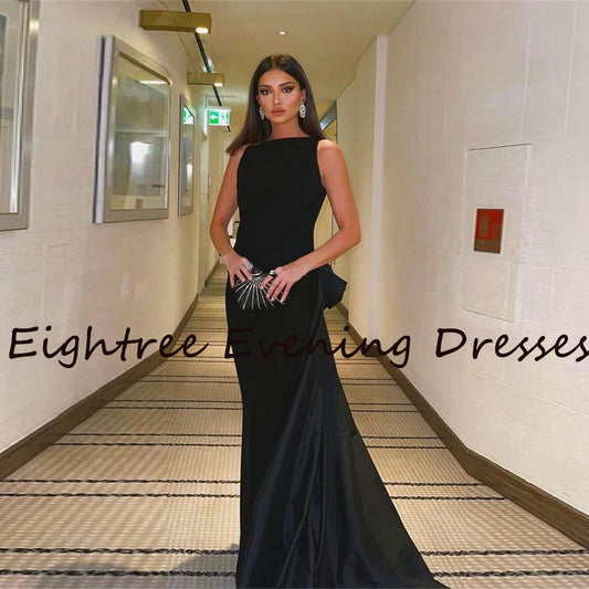 O Neck Black Backless Bow Prom Dress A Line Sleeveless Long Train Dubai Evening Night Party Dresses Vestidos Prom Gowns