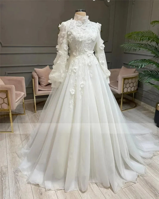 Customized High Neck Muslim Bridal Gowns A-Line Long Sleeves Islamic Wedding Dresses Lace Robe de Mariage Vestido De Noiva