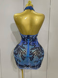 Sexy Sparkly Rhinestones Chains Blue Mesh Short Dress Women Party Celebrate Birthday Dresses Photo Shoot Stage Wear