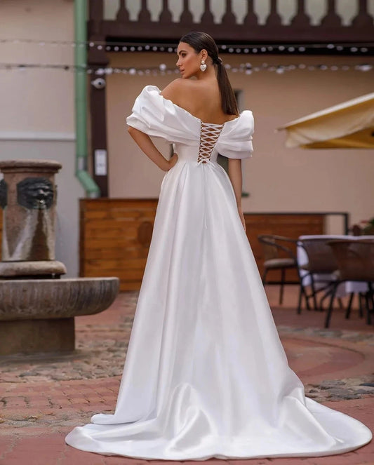 Vestidos De Novia De satén elegantes, Vestidos De Novia con cuello barco y hombros descubiertos, batas acampanadas para fiesta Formal, Vestidos De Novia con abertura lateral