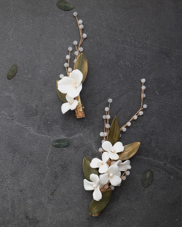 Wedding Accessories Vintage Gold Color Hair Clip Pin Pearl Hairpin For Brides Leaf Porcelain flower Head Piece Bridal Jewelry