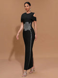 Elegant Women Light Luxury Hot Diamond Flower Design Bandage Dress O-Neck Shoulder Bodycon Long Dress Evening Party Vestido