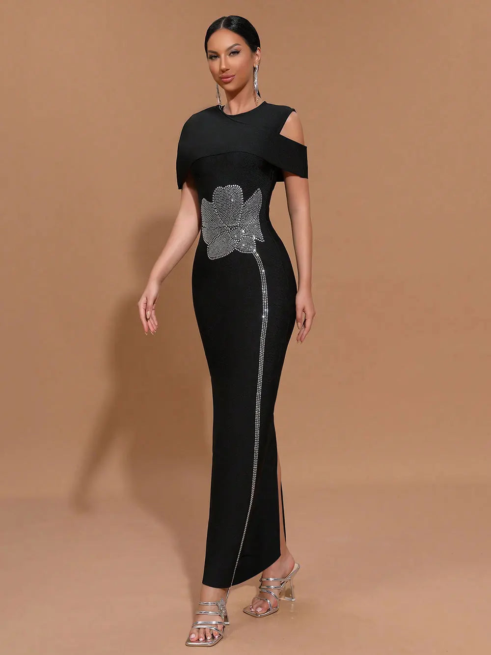 Elegant Women Light Luxury Hot Diamond Flower Design Bandage Dress O-Neck Shoulder Bodycon Long Dress Evening Party Vestido