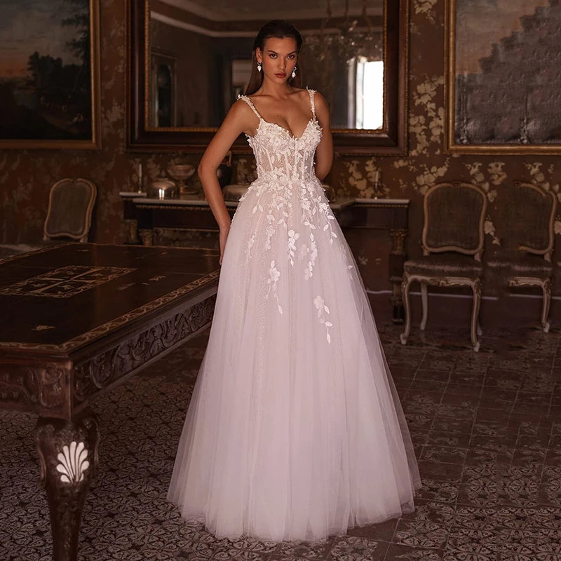 Elegant A-Line Wedding Dresses Women Sweetheart Appliques Tulle Bridal Dress Formal Wedding Ball Prom Gowns Customized Ivory