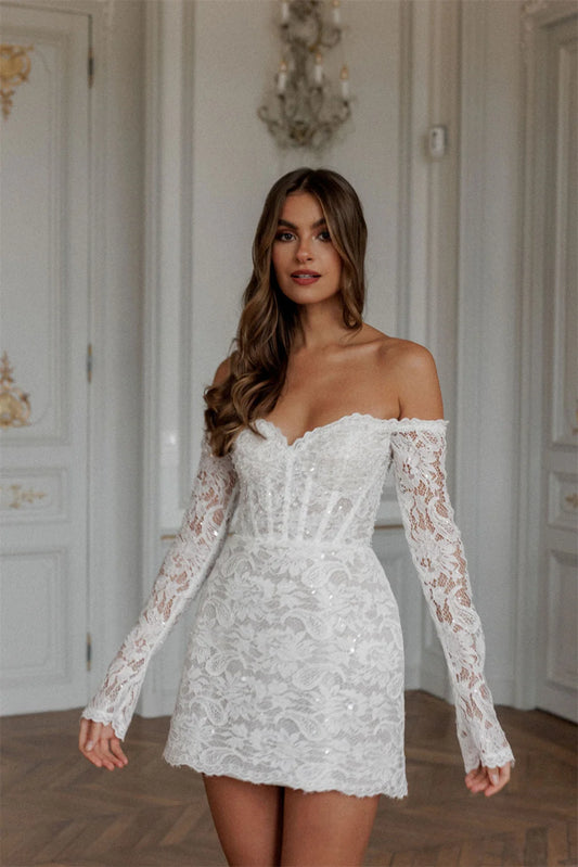 Bella White Mini Prom Dresses Off the Shoulder Lace Appliques Wedding Dress Elegant Lace-up Back Vestidos De Fiesta 2024