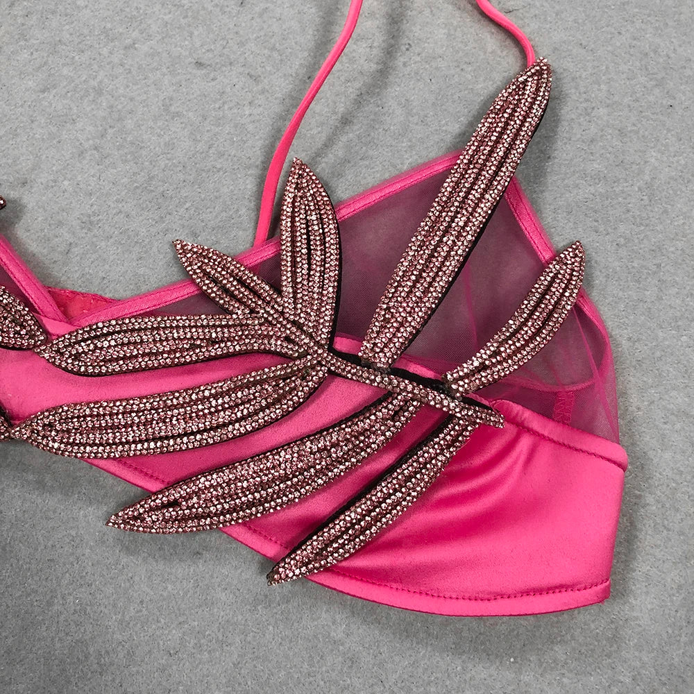 Sexy Women'S Chiffon Patchwork Satin Diamond Studded Bra Top Spaghetti Strap Sleeveless Concealed Button Ultra Short Top