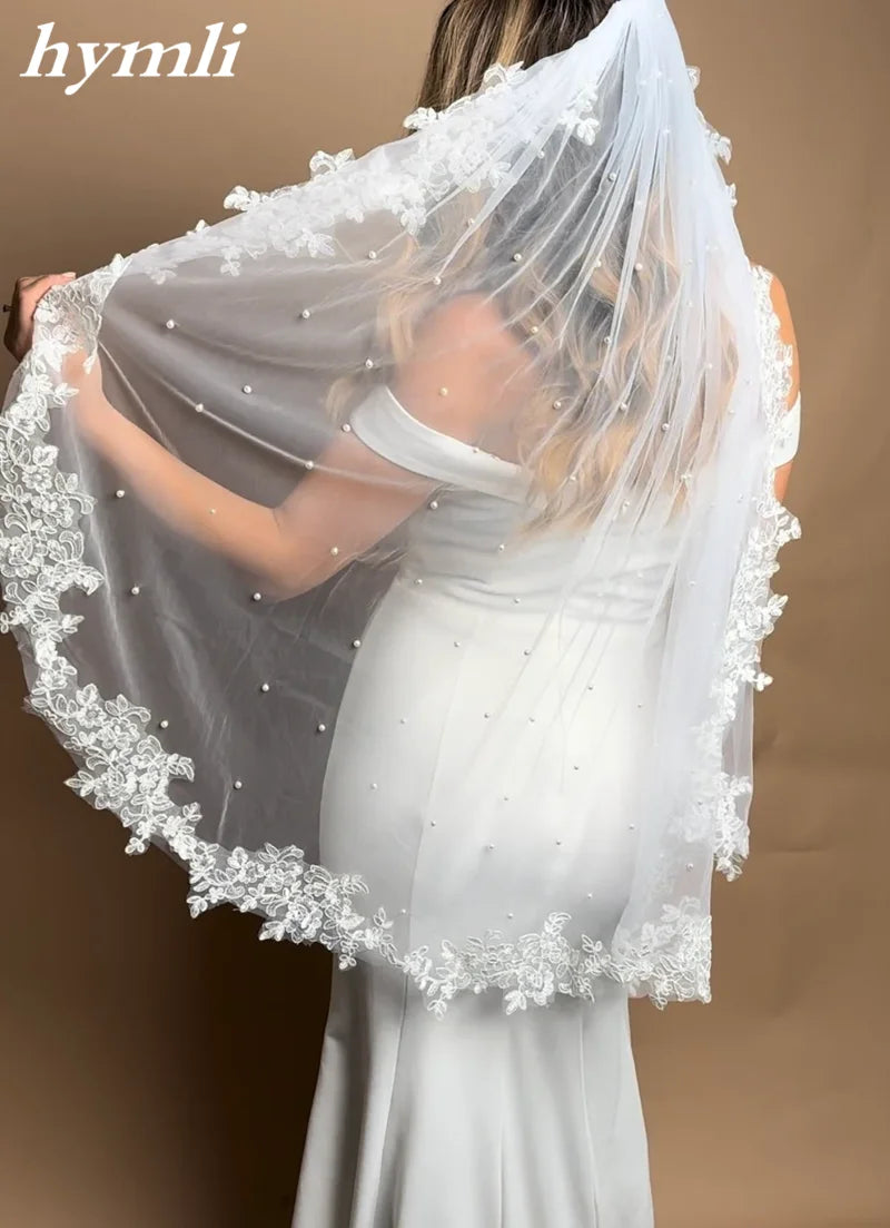 White , Light Ivory 1 Tier Pearl Veil Lace Fingertip Length Bridal Veil