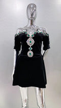 Spring Women Sexy Strapless Half Sleeve Shinning Rhinestones Bodycon Mini Velvet Dress Celebrate Birthday Cocktail Dress