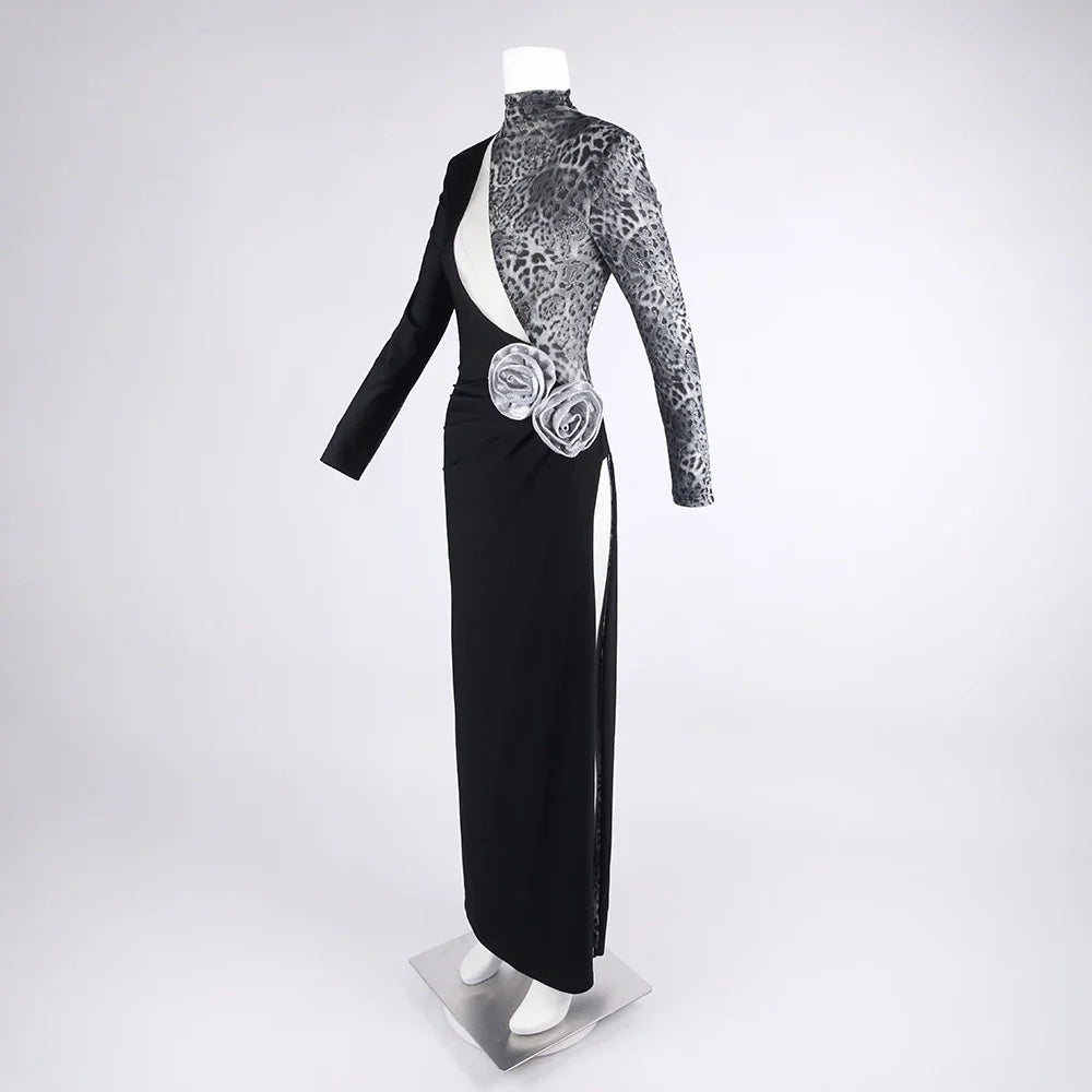 Women Fashion Long Sleeve Keyholes Florals Bodycon Long Maxi Dress Cotton Celebrate Evening Party Red Carpet Outfit