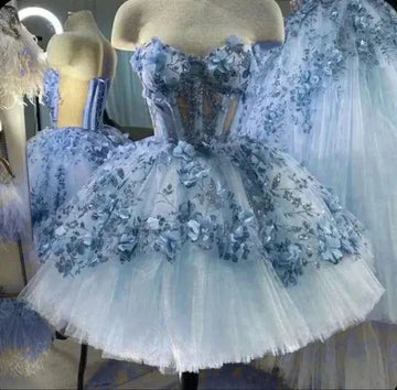 Glittering Flower Ball Gown Dress with Sweetheart Corset for Quinceanera and Sweet 15 Party short blue