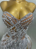 Sparkly Rhinestone Sequin Tassel Sexy Mini Skirt Two Pieces Set Women Birthday Celebrate Party Nightclub Stage Costume