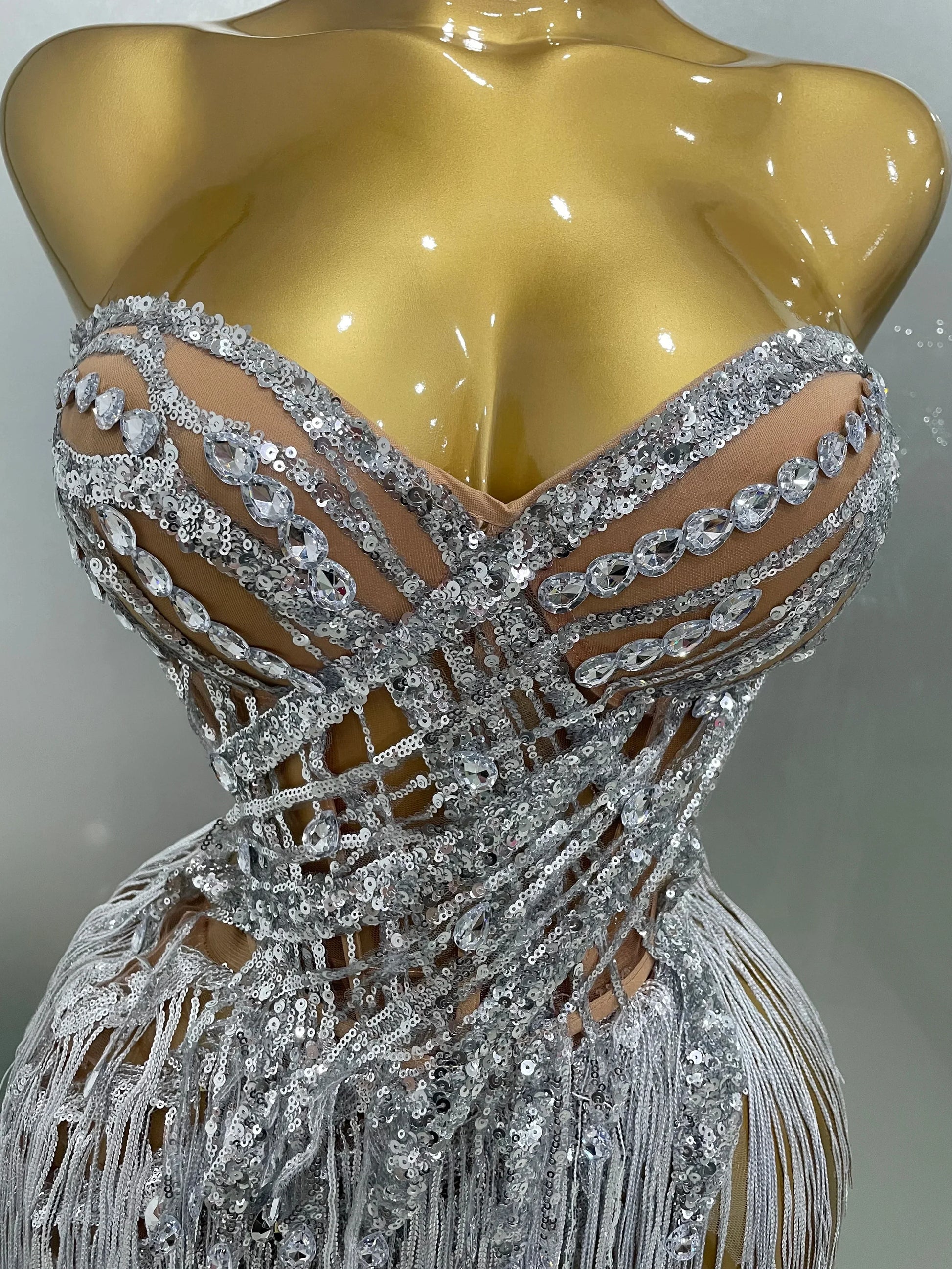 Sparkly Rhinestone Sequin Tassel Sexy Mini Skirt Two Pieces Set Women Birthday Celebrate Party Nightclub Stage Costume