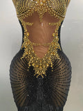 Sexy Sparkly Rhinestones Sleeveless Long Dress Women Birthday Celebrate Evening Photo Shoot Stage Performance Costume