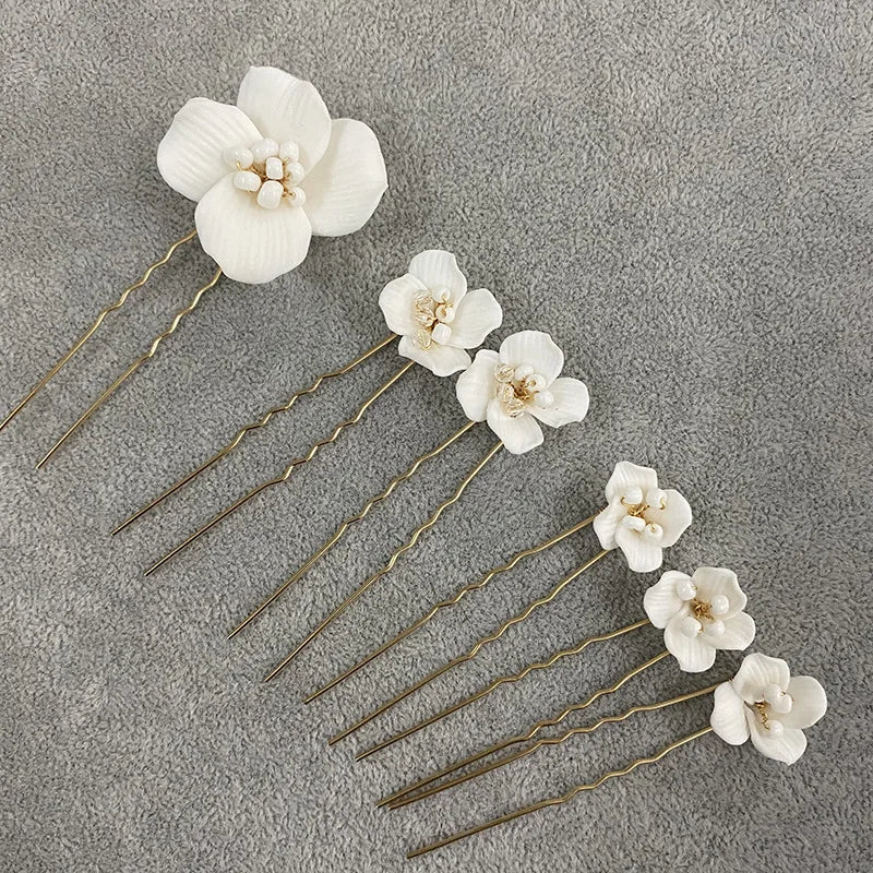 Porcelain Flower Hairpins White Floral Hair Pins Clips For Brides Bridesmaids Head Pieces Wedding Accessories Bridal Jewelry
