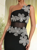 Sexy Women's Light Luxury Flower Set Diamond Design Bandage Dress One Shoulder Sleeveless Bodycon Patchwork Long Dresses