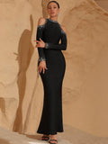 Elegant Women's Light Luxury Hot Diamond Bandage Dress O-neck Long Sleeve Hollow Design Bodycon Black Long Dresses Vestidos
