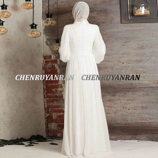 Muslim Wedding Party Gowns Lace Applique Beaded Chiffon Long Wedding Dresses For Women Full Sleeve Elegant vestido de novia