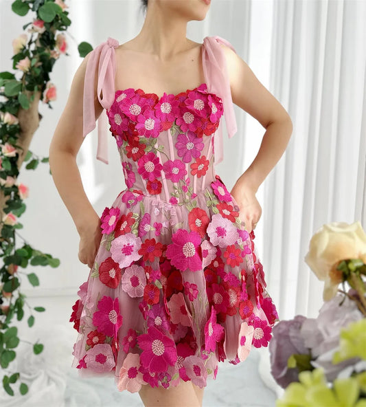Sansa Sweet Fuchsia Flower Mini Prom Dress Princess 3D Lace Short فساتين السهرة Short A-line Vestidos De Noche With Pocket