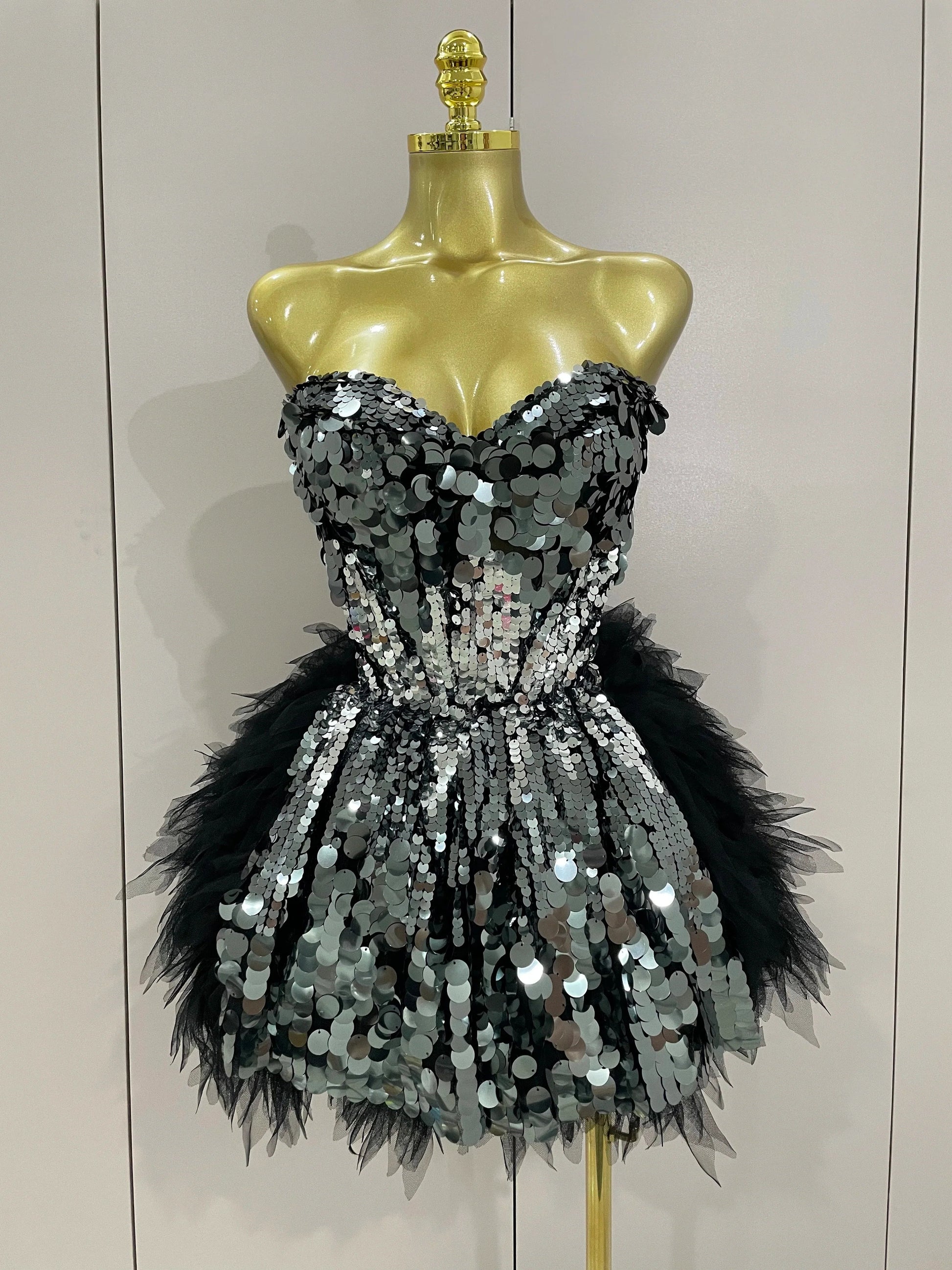 Stage Costume Women's Sparkly Sequin Mesh A Line Top Skirt 2 Pieces Set Nightclub Party Birthday Dress Photo Shoot Wear MULTI