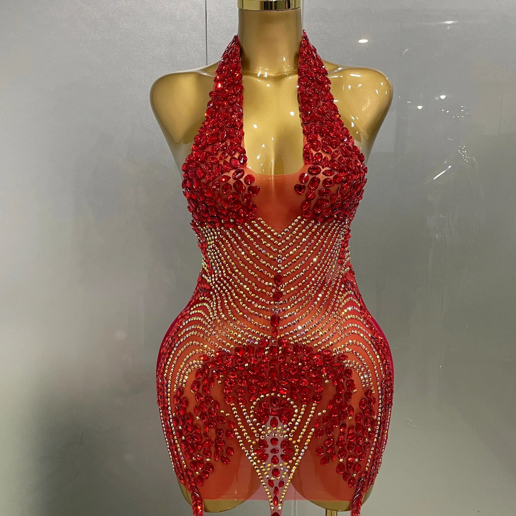 Sexy Red Sparkly Rhinestones Halter Backless Velour Short Dress Women Evening Prom Celebrate Birthday Party Stage Wear Red