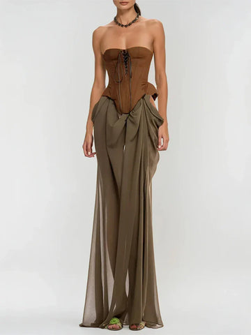 Vintage Off Shoulder Sleeveless Long Dresses Sexy Women Sheath Lace Up Patchwork Long Dress Elegant Summer For Vestidos