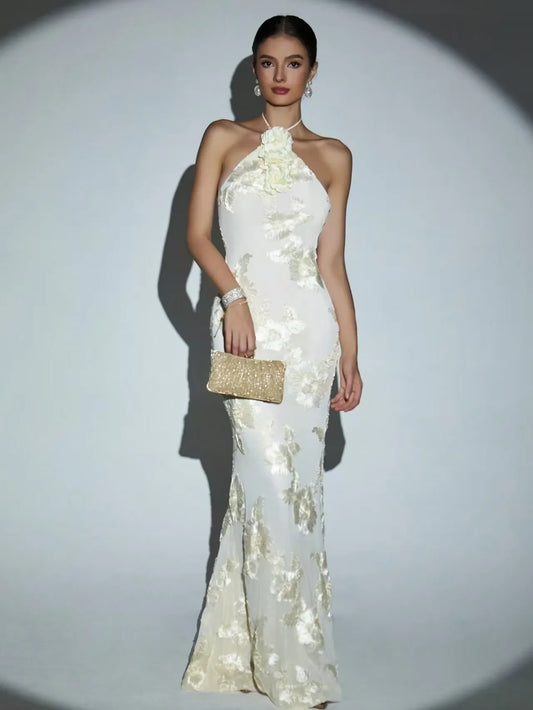 Women Sexy Halter Off the Shoulder Embroidery Bodycon Long Dress Elegant Evening Party Birthday Cocktail Outfit