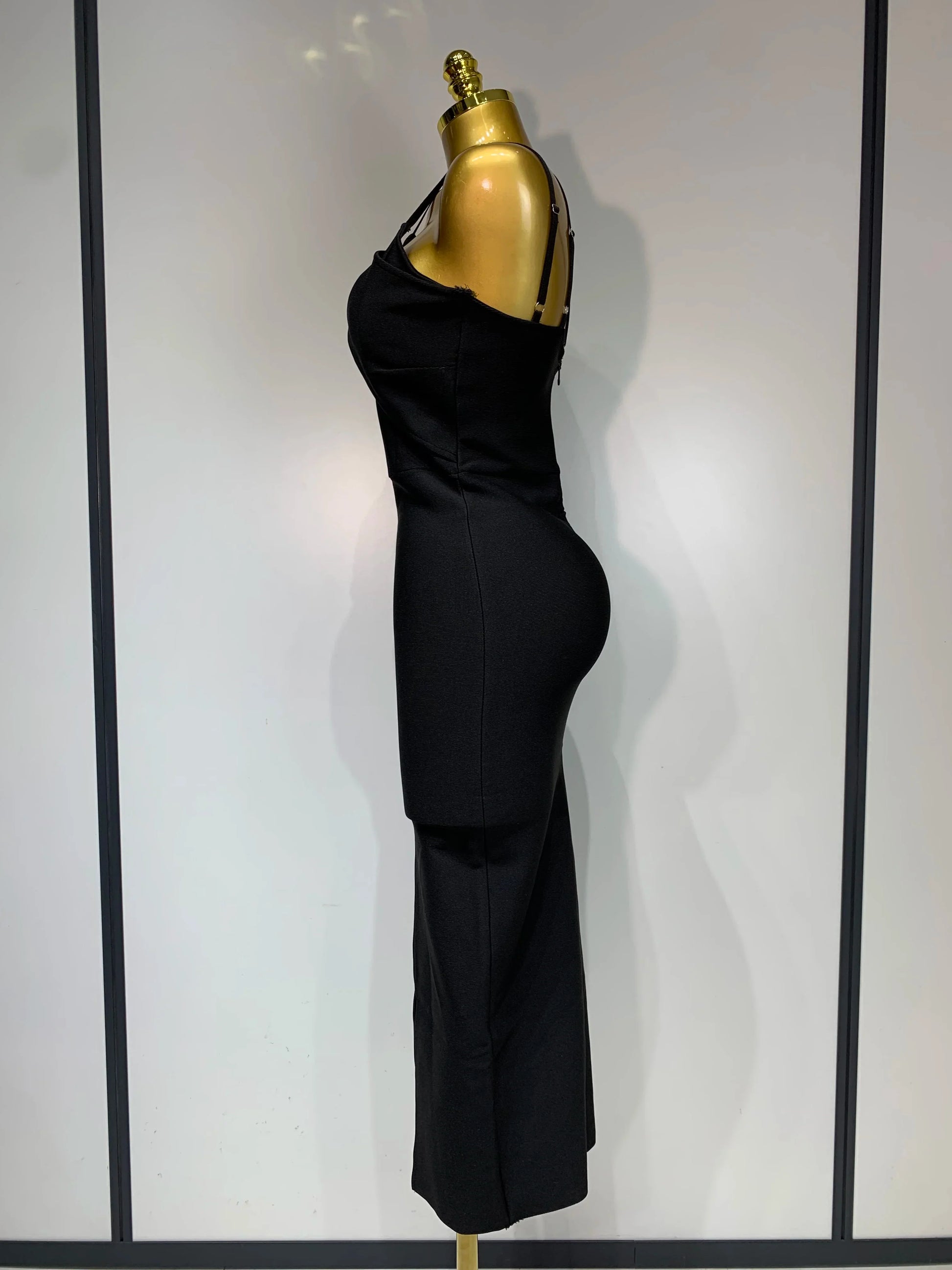 Women Sexy Sleeveless Hollow out Split Backless Black Midi Bandage Dress Celebrity Elegant Evening Cocktail Party Dresses