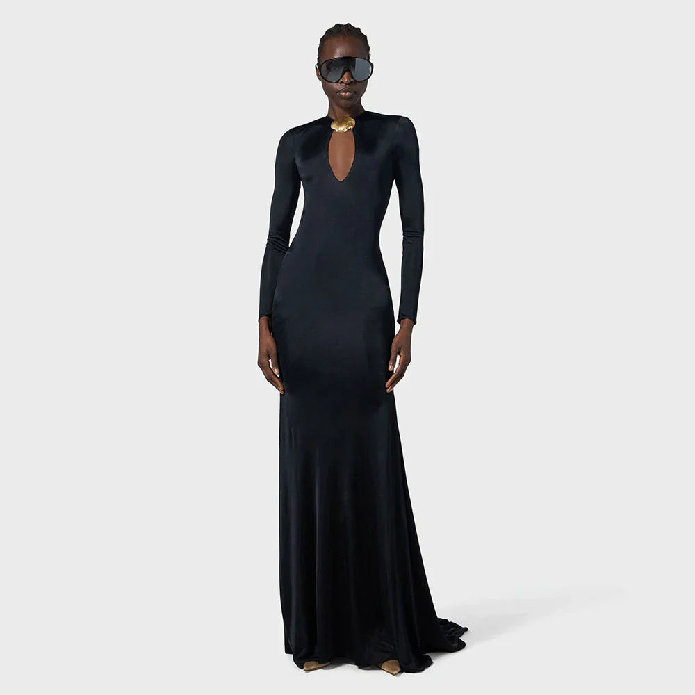 Elegant Solid Women Long Sleeved Floor Length Dress Sexy Party Backless Slim Female Maxi Dresses Summer Chic Lady Robe black