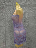 Purple Color Women Sexy Sleeveless Shinning Dimonds Bodycon Mini Dress Mesh See Through Celebrate Birthday Party Stage Wear