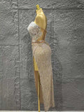 Women Sexy Strapless Shinning Crystal 2 Pieces Bodycon Mid-calf Dress Celebrate Bar Singer Performance Stage Wear