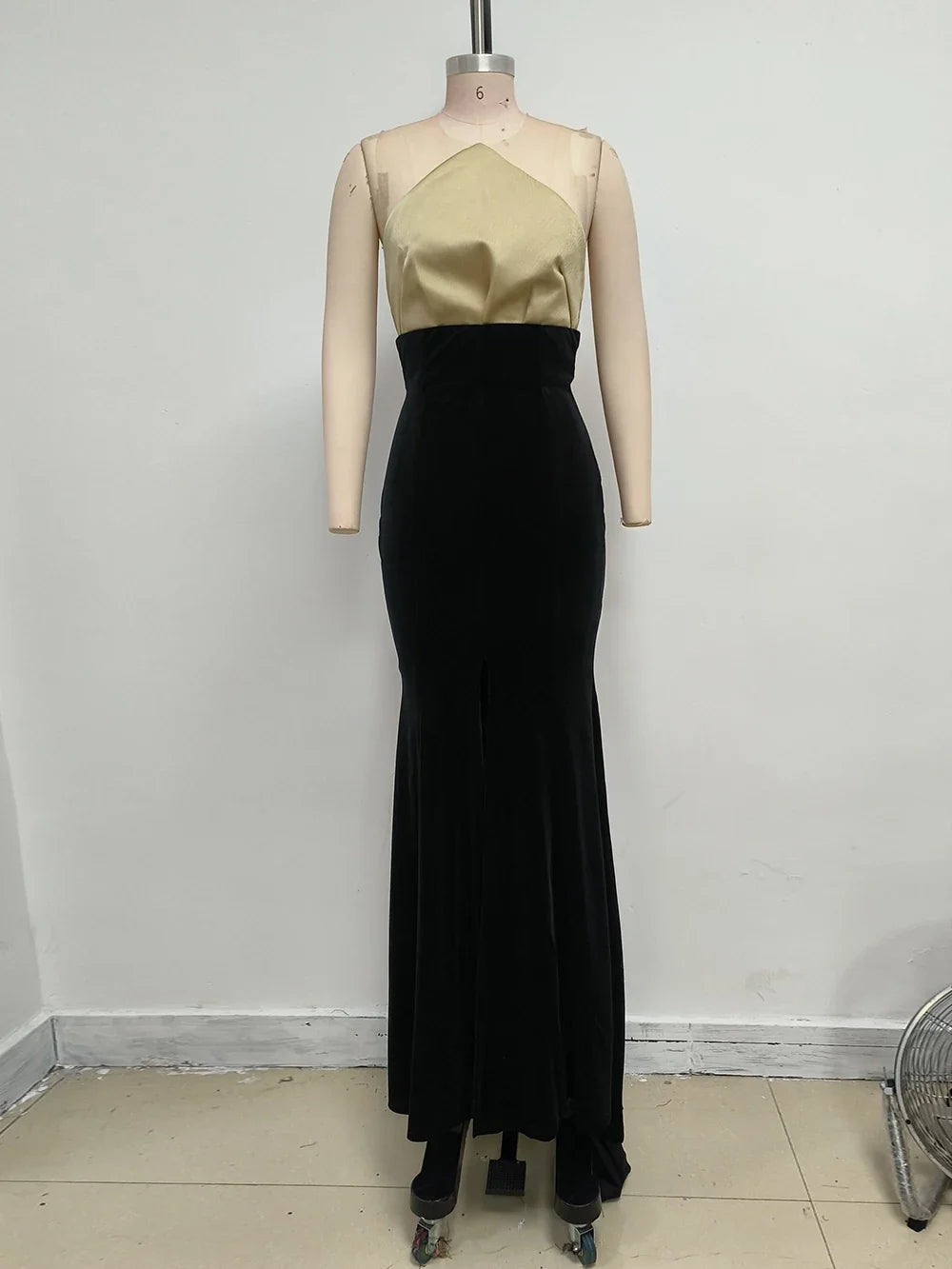 UpAvonu Elegant Strapless Patchwork Velvet Mermaid Long Dress Women Sexy Sleeveless Folds Slim Evening Runway Party Gown