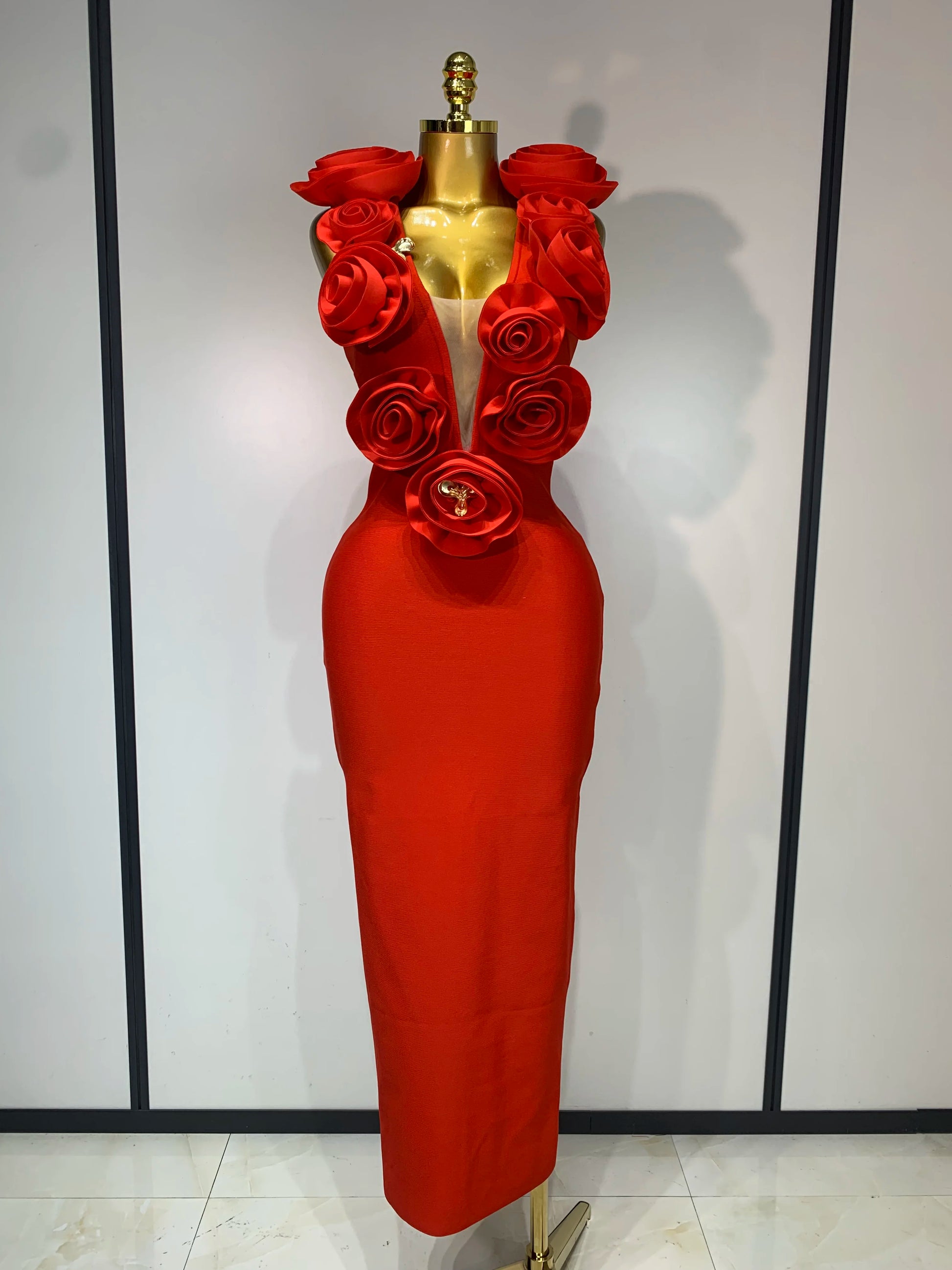 Fashion Black 3D Flower Bodycon Long Bandage Dress Celebrity Elegant Party Birthday Dress Women's Sleeveless Sexy Vestidos Red