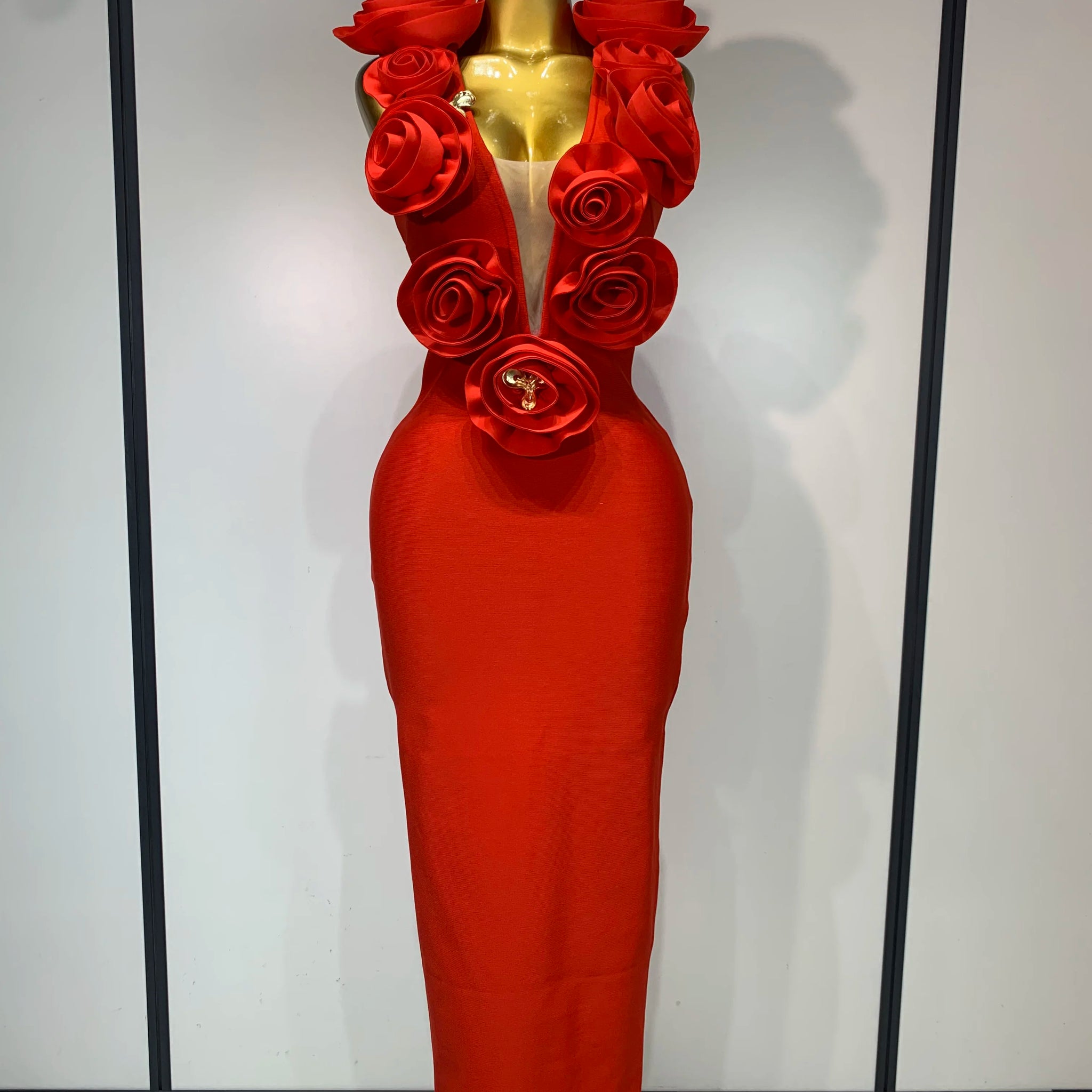Fashion 3D Flower Sleeveless Bodycon Bandage Dress Women Celebrity Elegant Party Club Luxury Birthday Dress Vestidos ﻿ Red