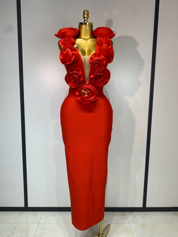 Fashion 3D Flower Sleeveless Bodycon Bandage Dress Women Celebrity Elegant Party Club Luxury Birthday Dress Vestidos ﻿ Red