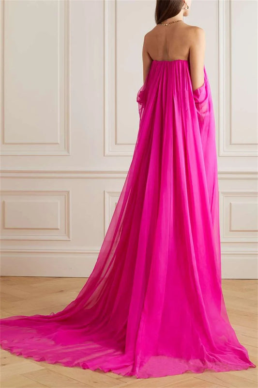 Elegant Fuchsia Chiffon فساتين السهرة Cape Sleeve Vestidos De Noche Sexy Chest Hollowed Out Prom Dress فساتين سهره فاخره