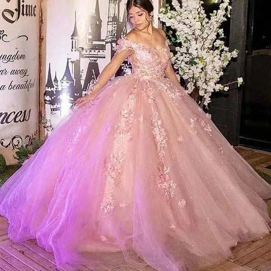 Glittering Pink Quinceanera Dresses Beading Lace Birthday Formal Evening Party Prom Vestidos De 15 Anos Ball Gown