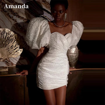 Amanda Flash Evening Dress Glitter Puffy Sleeve Robe De Soirée Shiny Mini Prom Dress Bishop Sleeve Short فساتين مناسبة رسمية