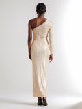 2024 Women's Light Luxury Glitter Dress with Diagonal Collar Single Shoulder Sleeve 3D Flower Decoration Bodycon Long Dresses