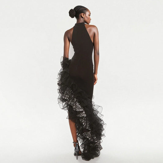 Women Sexy Off the Shoulder Shinning Ruffles Bodycon Bandage Long Dress Celebrate Fashion Evening Party Outfit