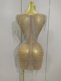 Sparkly Diamonds Crystal Sexy Mesh See Through Mini Dress Women Birthday Party Club Celebrate Stage Performance Costume