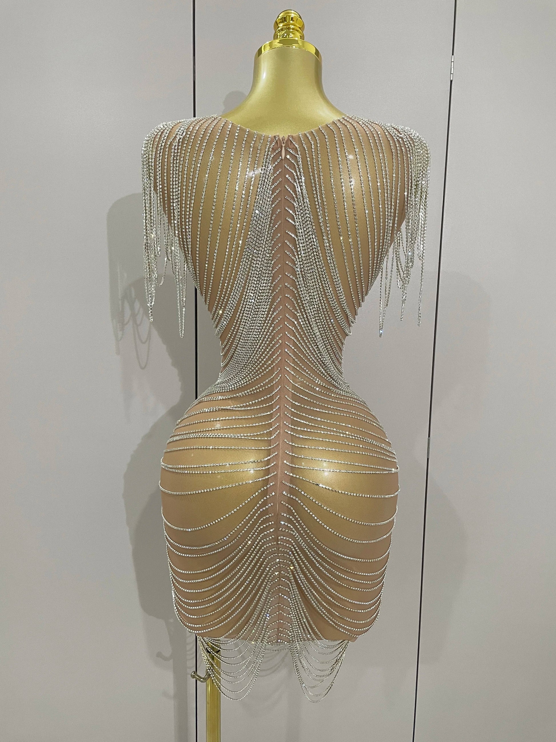 Sparkly Diamonds Crystal Sexy Mesh See Through Mini Dress Women Birthday Party Club Celebrate Stage Performance Costume