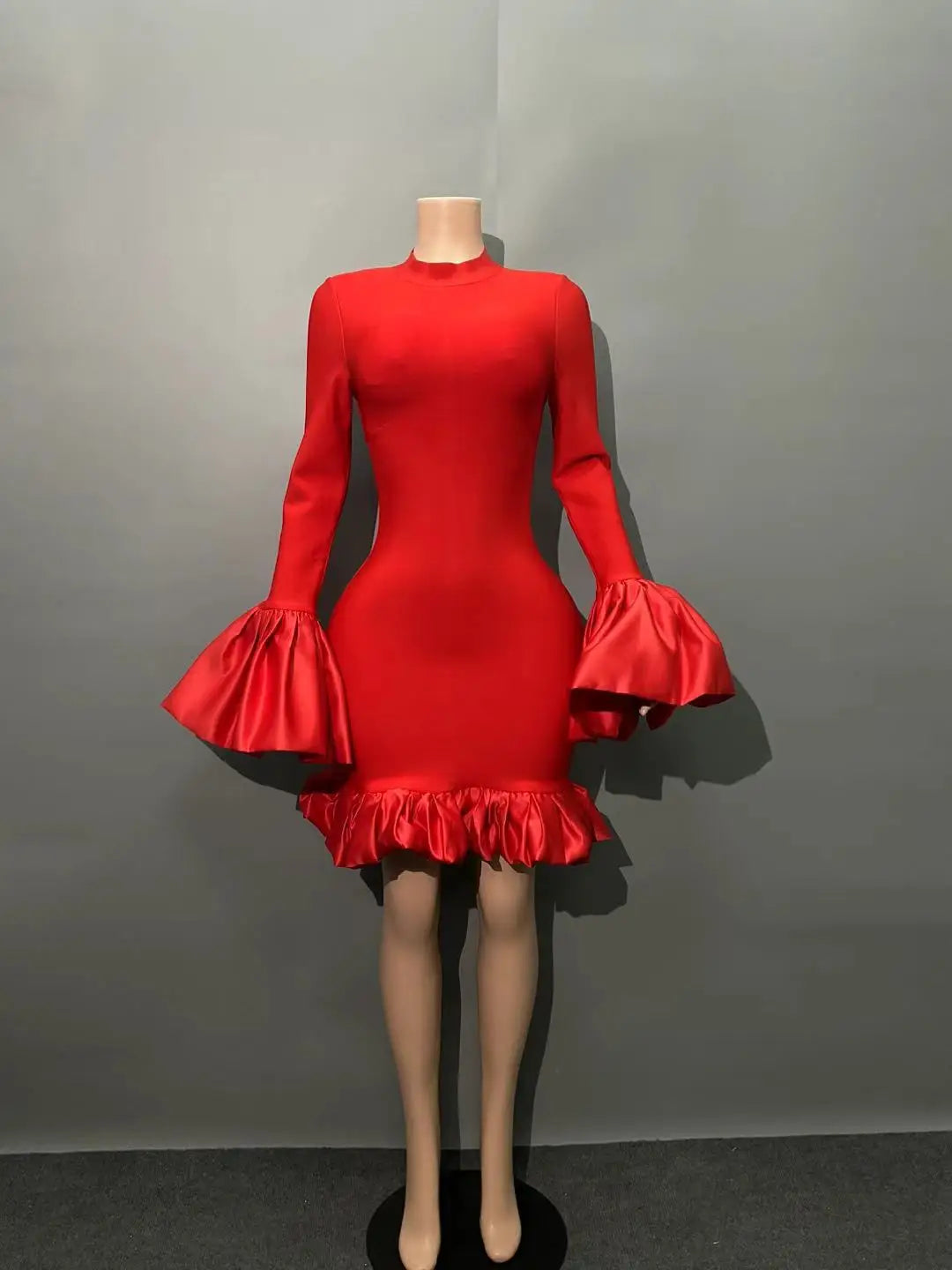 Black Blue Women Long Sleeve Sexy Ruffles Bodycon Mini Bandage Dress Nightclub Party Celebrate Birthday Fashion Outfit Vestido Red