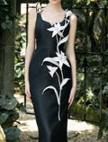 High Quality Women Sleeveless Sexy O-Neck Flowers Bodycon Mid-calf Bandage Dress Birthday Party Celebrate Cocktail Dress