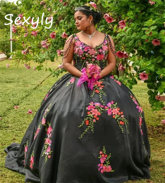 Mexican Style Black Quinceanera Dress Off Shoulders Para Sweet 15 Dress Charro Vestidos de Xv Birthday Party Prom Customized black