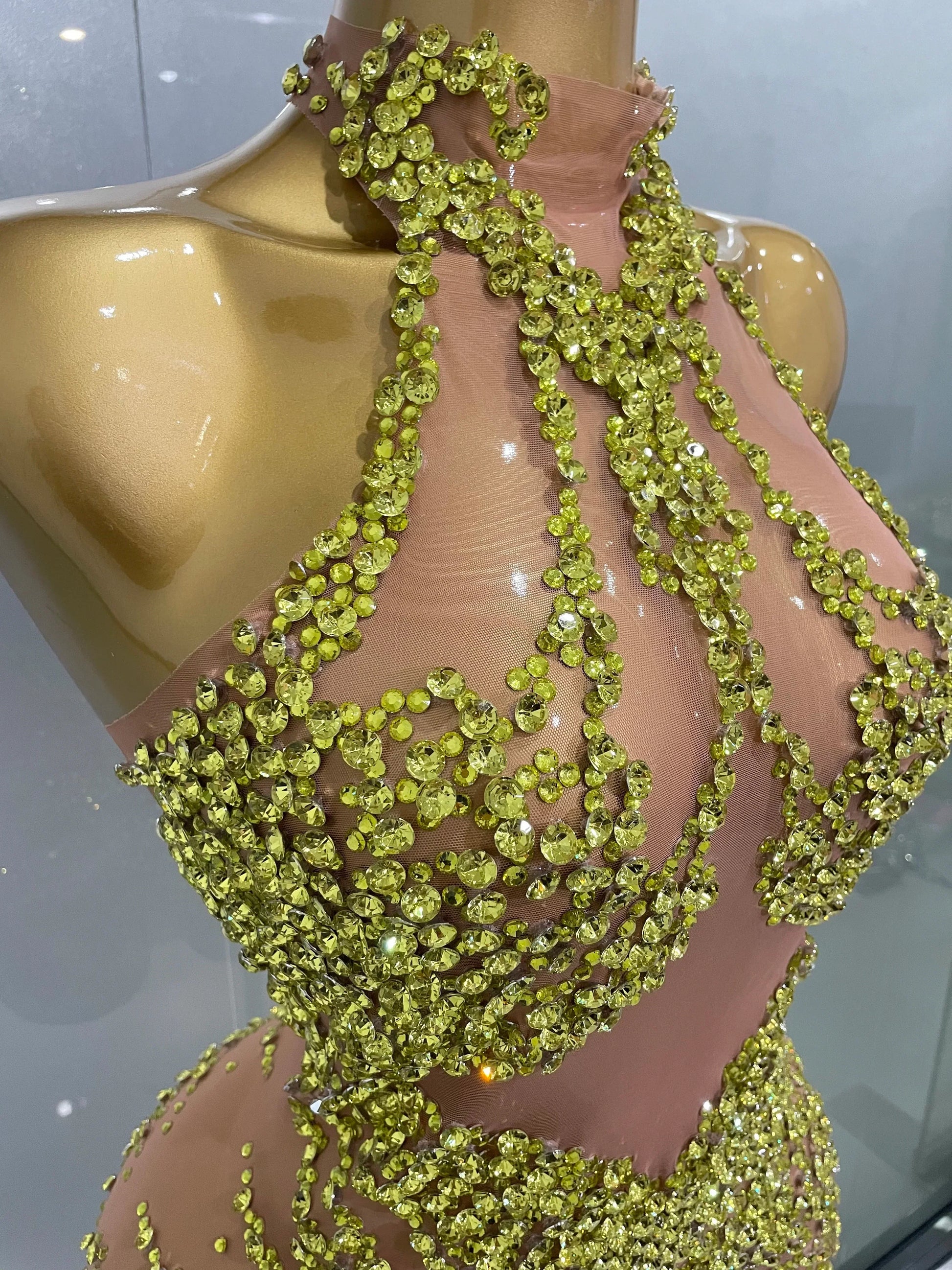 Luxury Sparkle Rhinestones Mesh Transparent Prom Dress Women Sexy Birthday Celebrate Party Club Prom Outfit Bar Costume