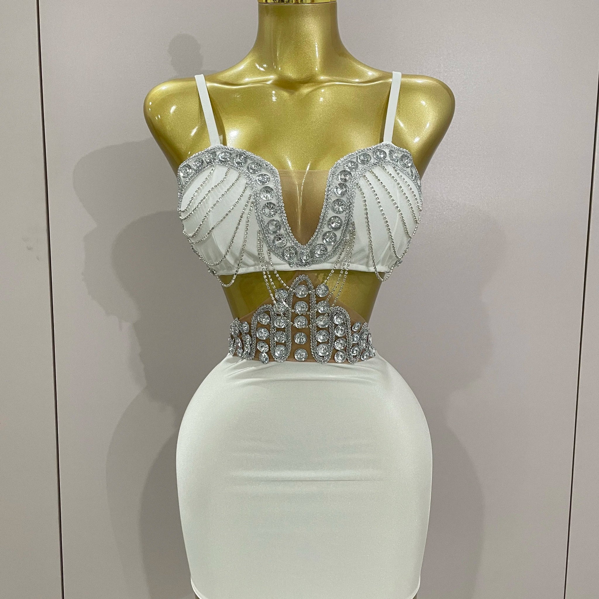Luxury Shiny Diamond Chain White Sexy Sleeveless Bodycon Mini Dress Evening Birthday Party Nightclub Stage Costume WHITE