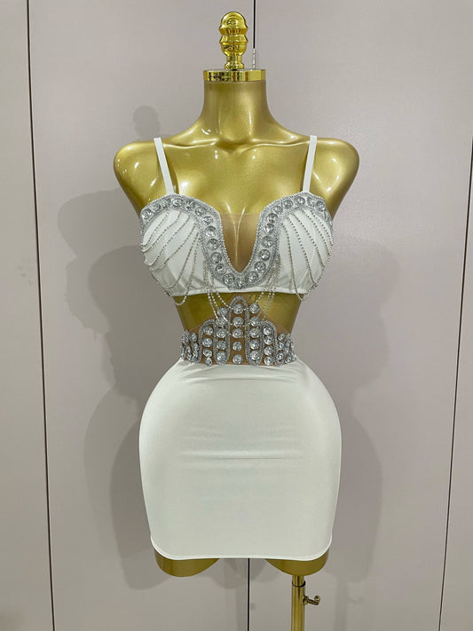 Luxury Shiny Diamond Chain White Sexy Sleeveless Bodycon Mini Dress Evening Birthday Party Nightclub Stage Costume WHITE